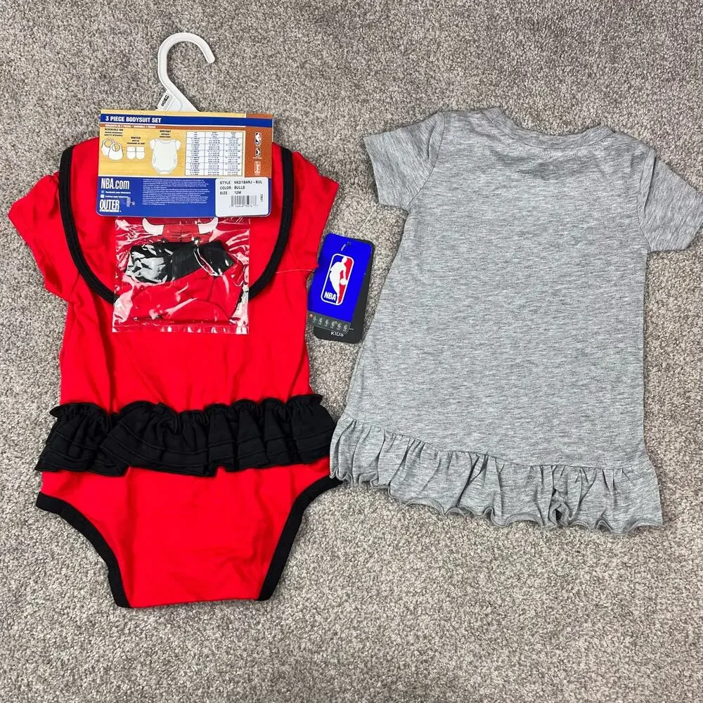 New! Chicago Bulls 12mo. outfit, bib & booties and adorable dress!